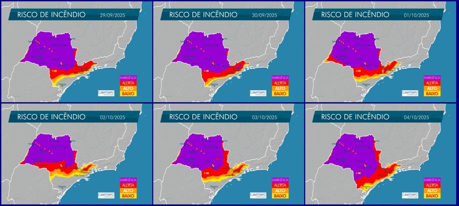 Mapa mostra os riscos de queimadas no interior de SP — Foto: Defesa Civil/Divulgação/G1